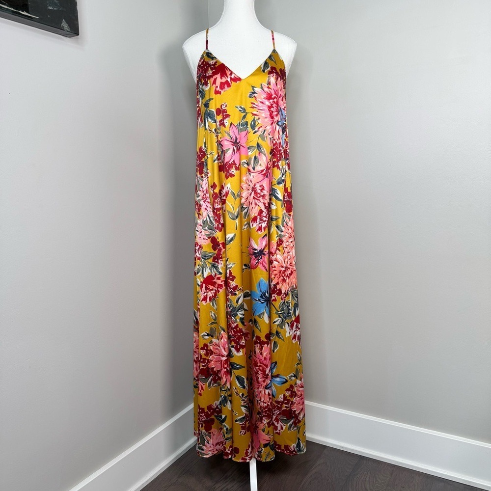 Nicole‎ Miller Floral Satin Slip Maxi Dress Sz 2 Yellow Racerback Pockets Flowy